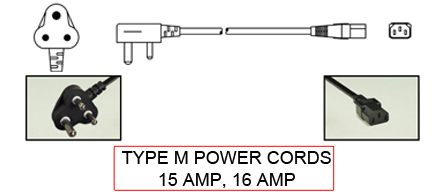 TYPE M Power Cords are used in the following Countries:
<br>
Primary Country known for using TYPE M power cords is Afghanistan, India, South Africa.

<br>Additional Countries that use TYPE M power cords are 
Bangladesh, Botswana, Lesotho, Mozambique, Namibia, Nepal, Pakistan, Sri Lanka, Sudan, Swaziland.

<br><font color="yellow">*</font> Additional Type M Electrical Devices:

<br><font color="yellow">*</font> <a href="https://internationalconfig.com/icc6.asp?item=TYPE-M-PLUGS" style="text-decoration: none">Type M Plugs</a> 

<br><font color="yellow">*</font> <a href="https://internationalconfig.com/icc6.asp?item=TYPE-M-OUTLETS" style="text-decoration: none">Type M Outlets</a> 

<br><font color="yellow">*</font> <a href="https://internationalconfig.com/icc6.asp?item=TYPE-M-POWER-CONNECTORS" style="text-decoration: none">Type M Power Connectors</a> 

<br><font color="yellow">*</font> <a href="https://internationalconfig.com/icc6.asp?item=TYPE-M-POWER-STRIPS" style="text-decoration: none">Type M Power Strips</a>

<br><font color="yellow">*</font> <a href="https://internationalconfig.com/icc6.asp?item=TYPE-M-ADAPTERS" style="text-decoration: none">Type M Adapters</a>

<br><font color="yellow">*</font> <a href="https://internationalconfig.com/worldwide-electrical-devices-selector-and-electrical-configuration-chart.asp" style="text-decoration: none">Worldwide Selector. All Countries by TYPE.</a>

<br>View examples of TYPE M power cords below.